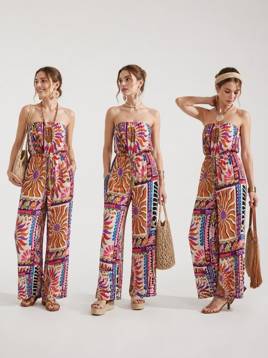 True Destinations Pants - Strapless Wide-Leg Jumpsuit in Multicolor Print